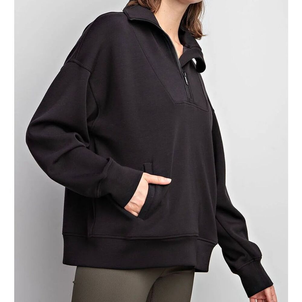 Rae Mode Black Half Zip Ribbed Pullover Sweatshirt Women’s Size Small Oversized